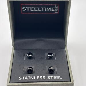 SteelTime Men’s Black CZ Stud Set – Round + Checkerboard, Surgical Stainless NIB